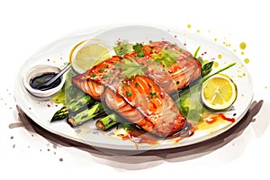 Healthy food dinner plate background lunch salmon meal dish fillet fish grill cooked