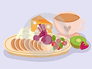 healthy food dinner with vegetalbes fruit coffee cup and meat photo