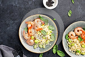 Healthy food is a dish for healthy diet. Shrimp, petite, edamame beans, black sesame, red pepper for lunch. Look all