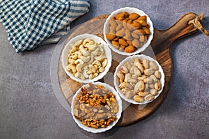 healthy food dry fruits almond, cashew, walnut, pistachios. selective focus.