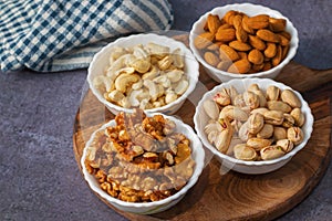 healthy food dry fruits almond, cashew, walnut, pistachios. selective focus.
