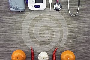 Healthy food eating concept, Medical examining equipment.