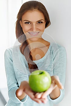 Healthy Food, Eating, Lifestyle, Diet Concept. Woman With Apple.