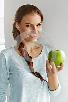 Healthy Food, Eating, Lifestyle, Diet Concept. Woman With Apple.