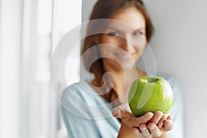 Healthy Food, Eating, Lifestyle, Diet Concept. Woman With Apple.