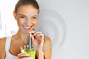 Healthy Food Eating. Woman Drinking Smoothie. Diet. Lifestyle. N