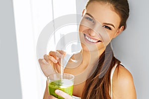 Healthy Food Eating. Woman Drinking Smoothie. Diet. Lifestyle. N