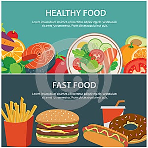 Healthy food and fast food concept banner