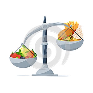 Healthy food and fast food on the scales. Choose that you eat. Vector picture in cartoon style