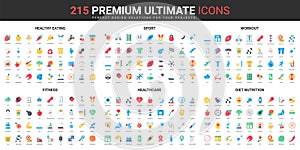 Healthy food, fitness workout and sport, healthcare and medical cure color flat icons set