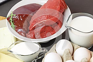 Healthy food, foods rich in vitamin D, omega 3 and protein, chicken eggs, raw beef, cow's liver, dairy products sour