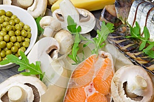 Healthy food, foods rich in vitamin D, omega 3 and protein, sea fish salmon mackerel, dairy products cheese, mushrooms