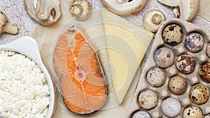 Healthy food, foods rich in vitamin D, omega 3 and protein, sea red salmon, mushrooms, mushrooms, cheese, dairy product