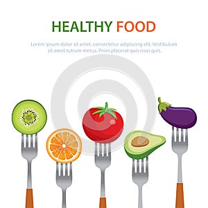 Healthy food on the forks diet concept fruits and vegetables