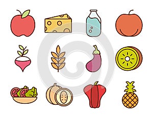 Healthy food fresh fruits vegetables and protein ingredient products icons set line and fill style icon