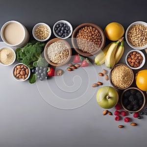 Healthy food from fruits, vegetables, grains, nuts and superfoods, dietary and balanced vegetarian products