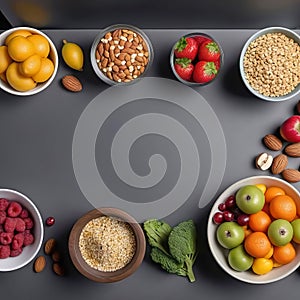 Healthy food from fruits, vegetables, grains, nuts and superfoods, dietary and balanced vegetarian products