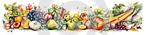 healthy food, fruits and vegetables, watecolor banner illustration isolated on white, AI generative image