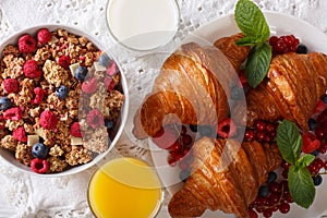 Healthy food: granola, croissants, fresh berries, milk and orang