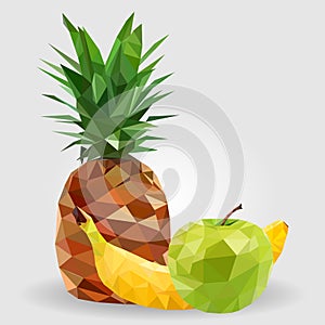 Healthy Food, Green Apple, Banana, Pineapple Grey Background triangulation, Realistic Vector EPS 10