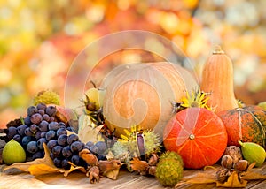 Healthy food, healthy eating - organic seasonal fruit, thanksgiving, harvest on table