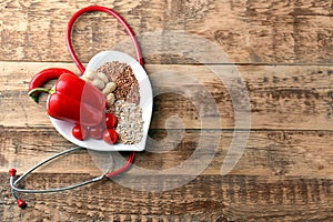 Healthy food in heart shaped plate