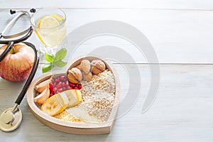 Healthy food in heart and water diet sport concept