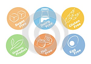 Healthy food icon set. Gluten free, dairy free, organic product. Egg, sugar and nut free.