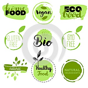 Healthy food icons, labels. Organic tags. Natural product elements. Logo for vegetarian restaurant menu. Raster illustration.