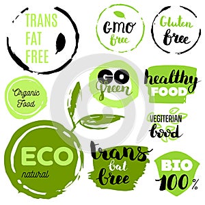 Healthy food icons, labels. Organic tags. Natural product elements. Logo for vegetarian restaurant menu. Raster illustration.