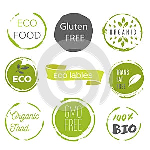 Healthy food icons, labels. Organic tags. Natural product elements. Logo for vegetarian restaurant menu. Raster illustration. Low