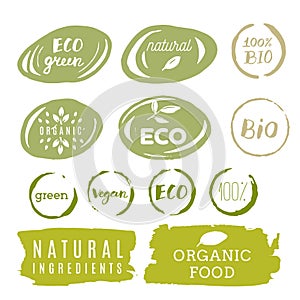 Healthy food icons, labels. Organic tags. Natural product elements. Logo for vegetarian restaurant menu. Raster illustration. Low