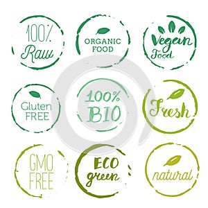 Healthy food icons, labels. Organic tags. Natural product elements. Logo for vegetarian restaurant menu. Raster illustration. Low