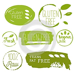 Healthy food icons, labels. Organic tags. Natural product elements. Logo for vegetarian restaurant menu. Raster illustration. Low