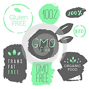 Healthy food icons, labels. Organic tags. Natural product elements. Logo for vegetarian restaurant menu. Raster illustration. Low