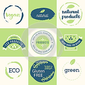 Healthy food icons, labels. Organic tags. Natural product elements. Logo for vegetarian restaurant menu. Raster illustration. Low