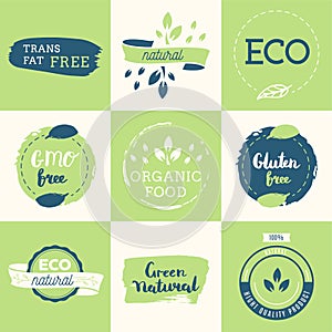 Healthy food icons, labels. Organic tags. Natural product elements. Logo for vegetarian restaurant menu. Raster illustration. Low