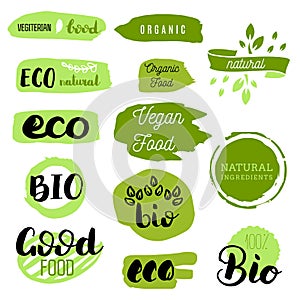 Healthy food icons, labels. Organic tags. Natural product elements. Logo for vegetarian restaurant menu. Raster illustration. Low