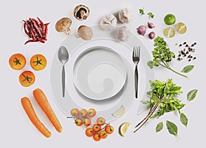 Healthy food ingredient, with empty dish, on white background