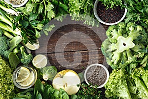 Healthy food ingredients background vegetables fruit herbs superfood top view