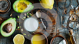 Healthy food ingredients including avocado and lemon on a rustic table.