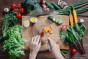 Healthy food and ingredients on rustic wooden background