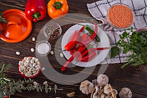 Healthy food ingredients on wooden table.