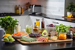 healthy food items on a kitchen table, negating the presence of unhealthy substances