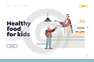 Healthy food for kids concept of landing page with schoolboy taking lunch at canteen counter