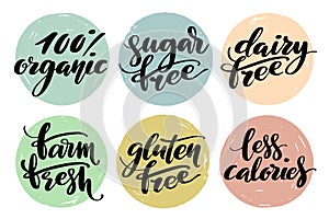 Healthy food label set. Product labels or stickers. Free from gluten, dairy and sugar food label set. 100 percent