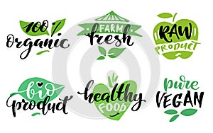Healthy food label set. Product labels or stickers. 100 percent organic, farm fresh, raw product, bio product, healthy