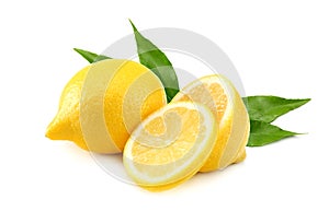 healthy food. lemon with slices and green leaf isolated on white background