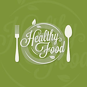 Healthy food logo. Plate with fork and spoon concept on green background