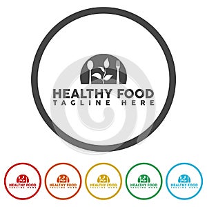 Healthy food logo template. Set icons in color circle buttons